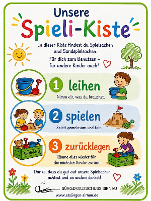 Nahaufnahme des Hinweisschilds an der Spieli-Kiste Sirnau mit den Regeln zum Leihen, Spielen und Zurücklegen.